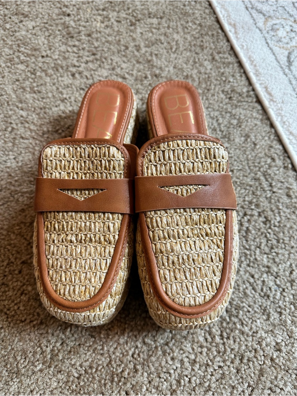 Braided Raffia Platform Slip-On Loafers in Brown